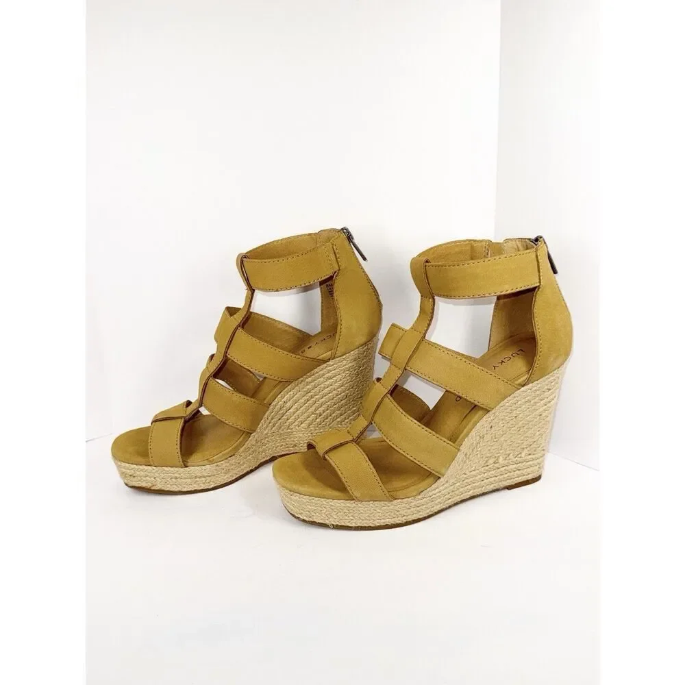 Lucky‎ Brand Strappy Wedge Espadrille Platform Boho Tan Leather Gladiator 8/38 - Picture 4 of 16